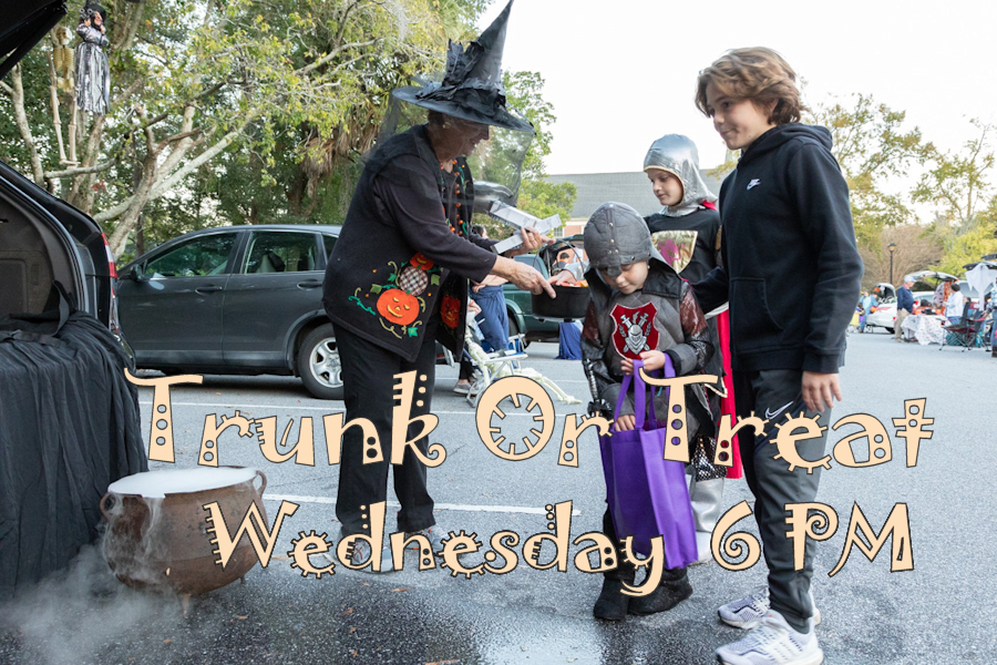 Woman dressed as witch giving out candy to kids